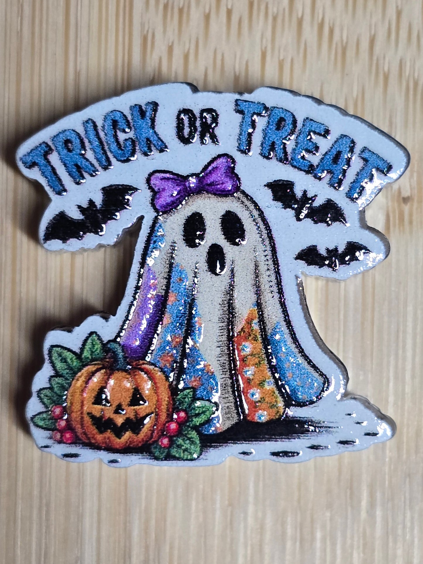 Acrylic focal beads- halloween ghost with purple bow