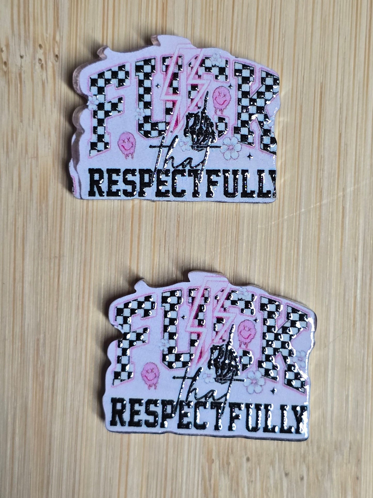 Acrylic focal beads- adult humor- pink and black checkered f*@&
