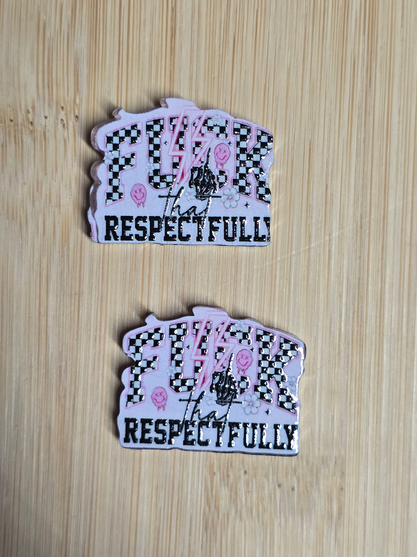 Acrylic focal beads- adult humor- pink and black checkered f*@&