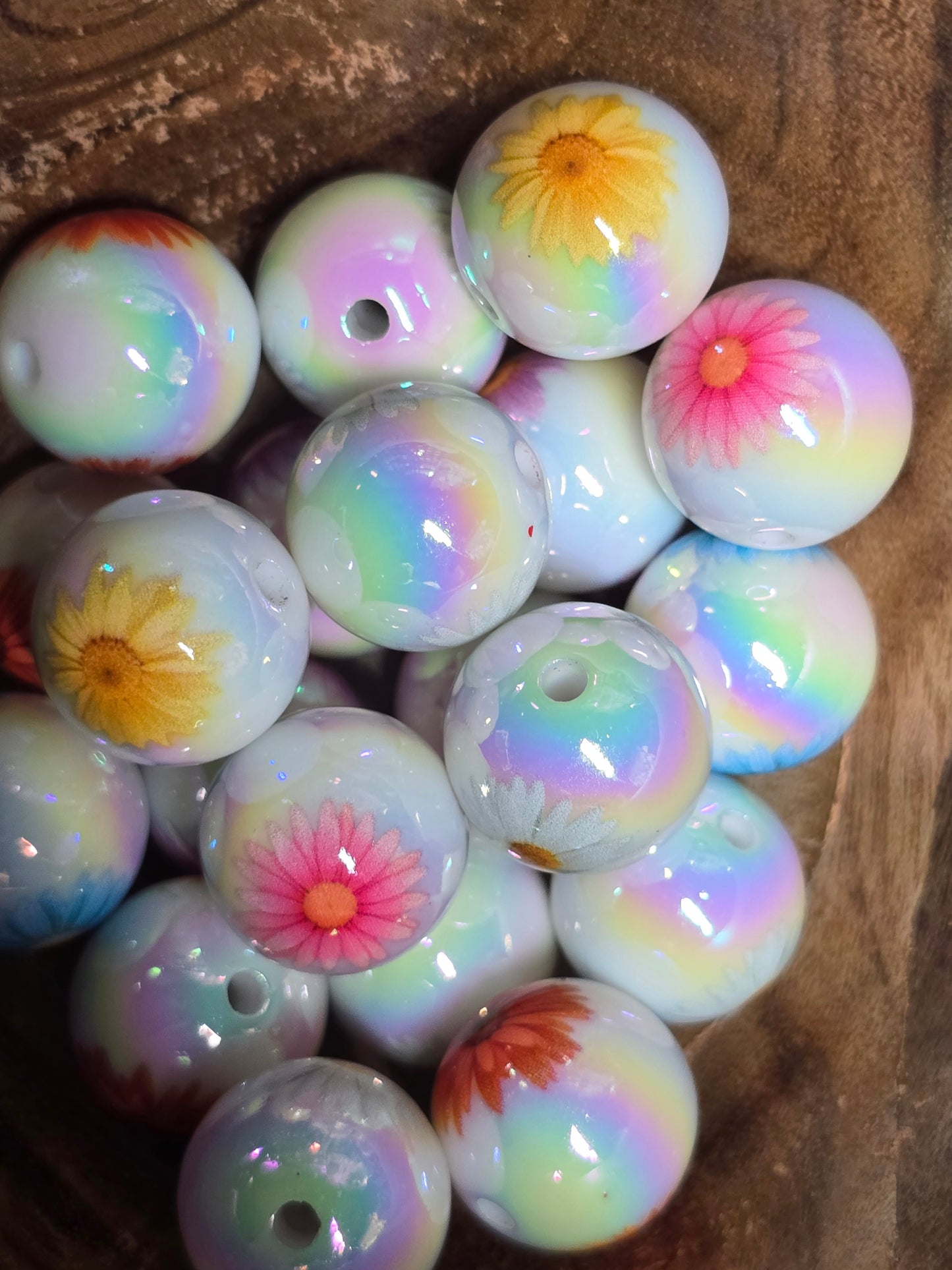 Acrylic beads 16mm white with colorful flowers