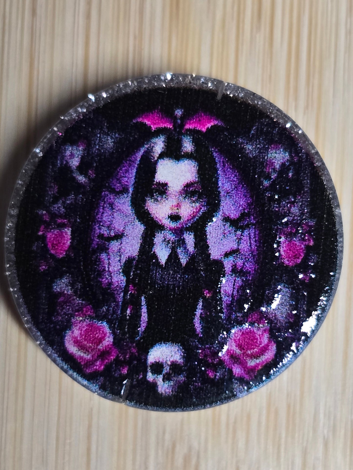 Acrylic focal beads round dark humor girl with purple flowers