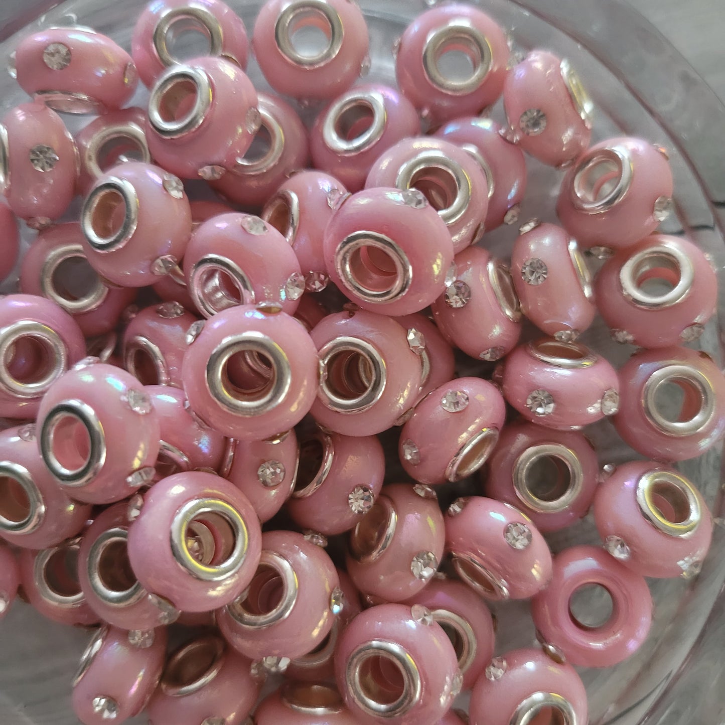 Spacer beads- pink with clear rhinestone big hole spacer