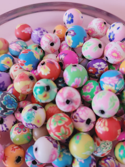 Flower printed clay beads