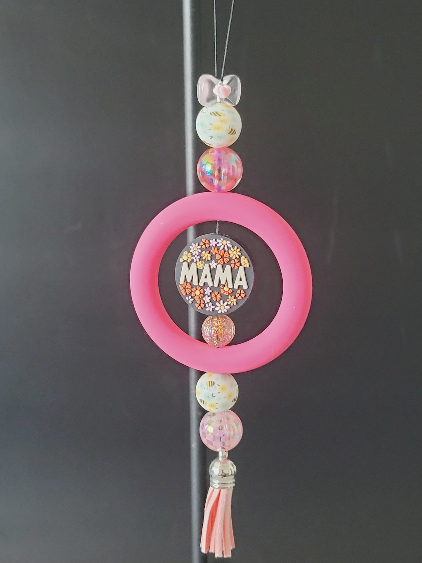 Mirror/car charm- mama with flowers and pink silicone ring