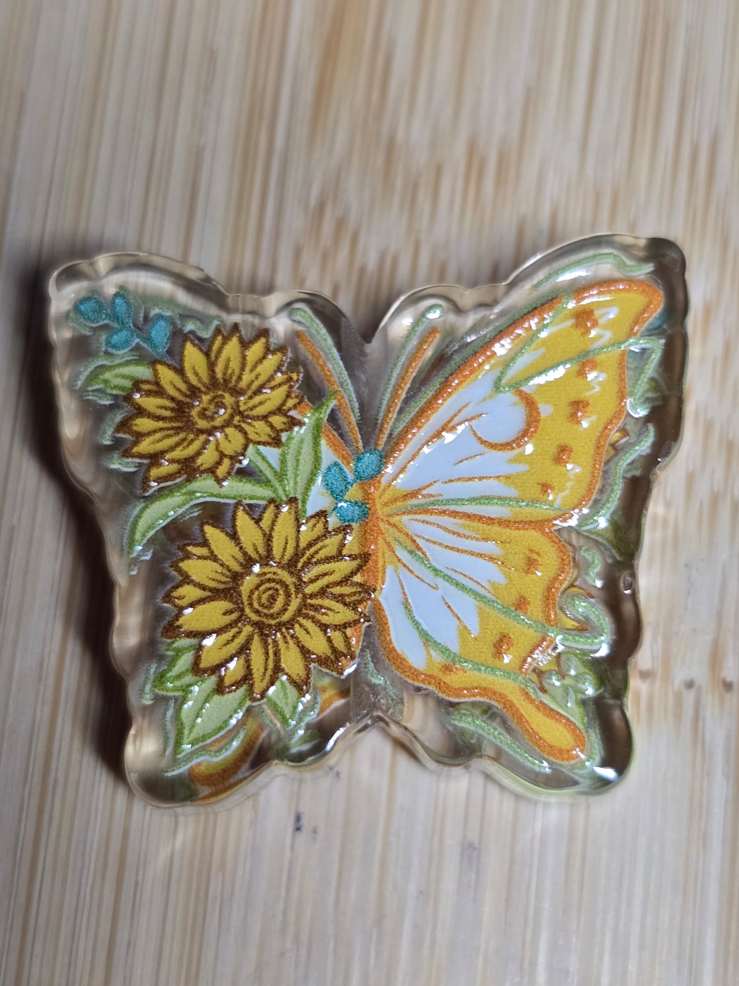 Acrylic focal beads yellow butterfly with sunflowers