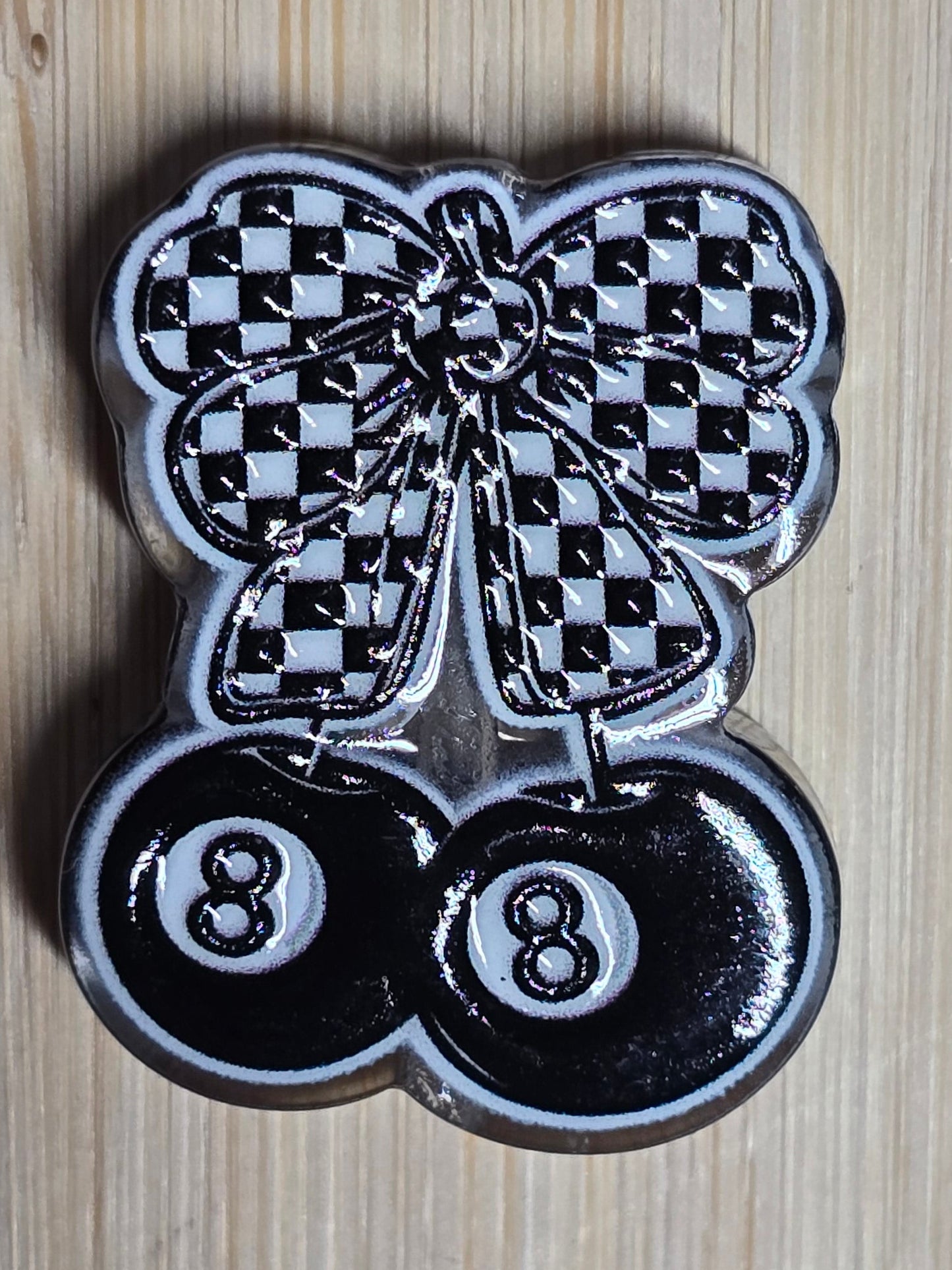 Acrylic focal beads-blk/whi checkered bow with blk 8ball