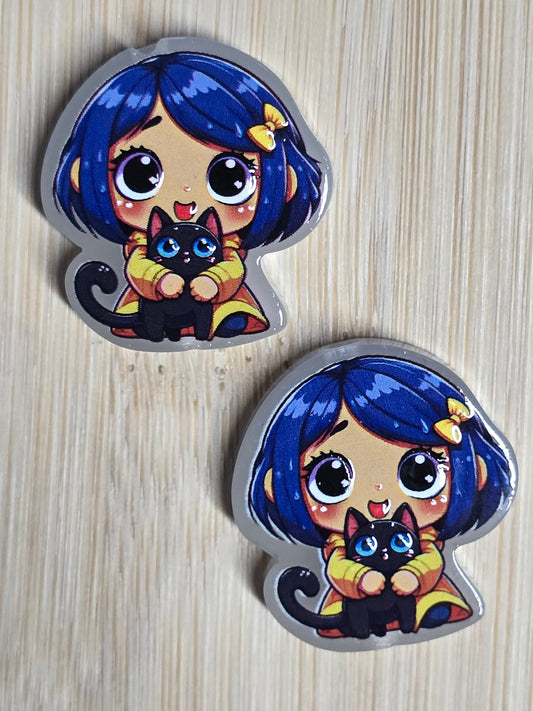 Acrylic focal beads blue hair girl with cat