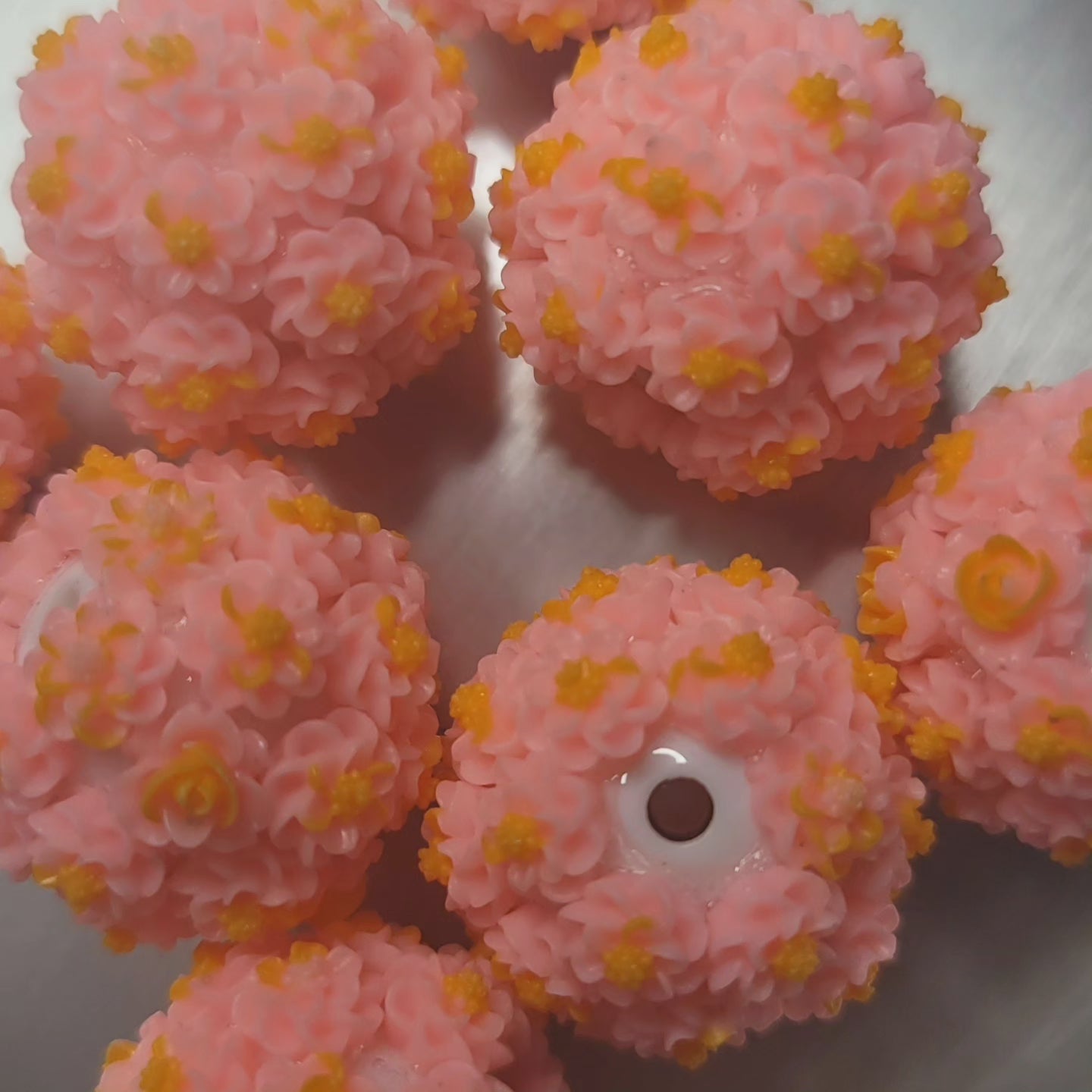 18mm acrylic handmade beads 3D pink flowers with orange center