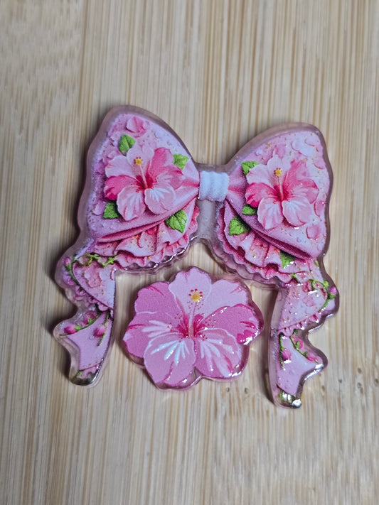 Acrylic focal beads 2pc bow set. Pink flower