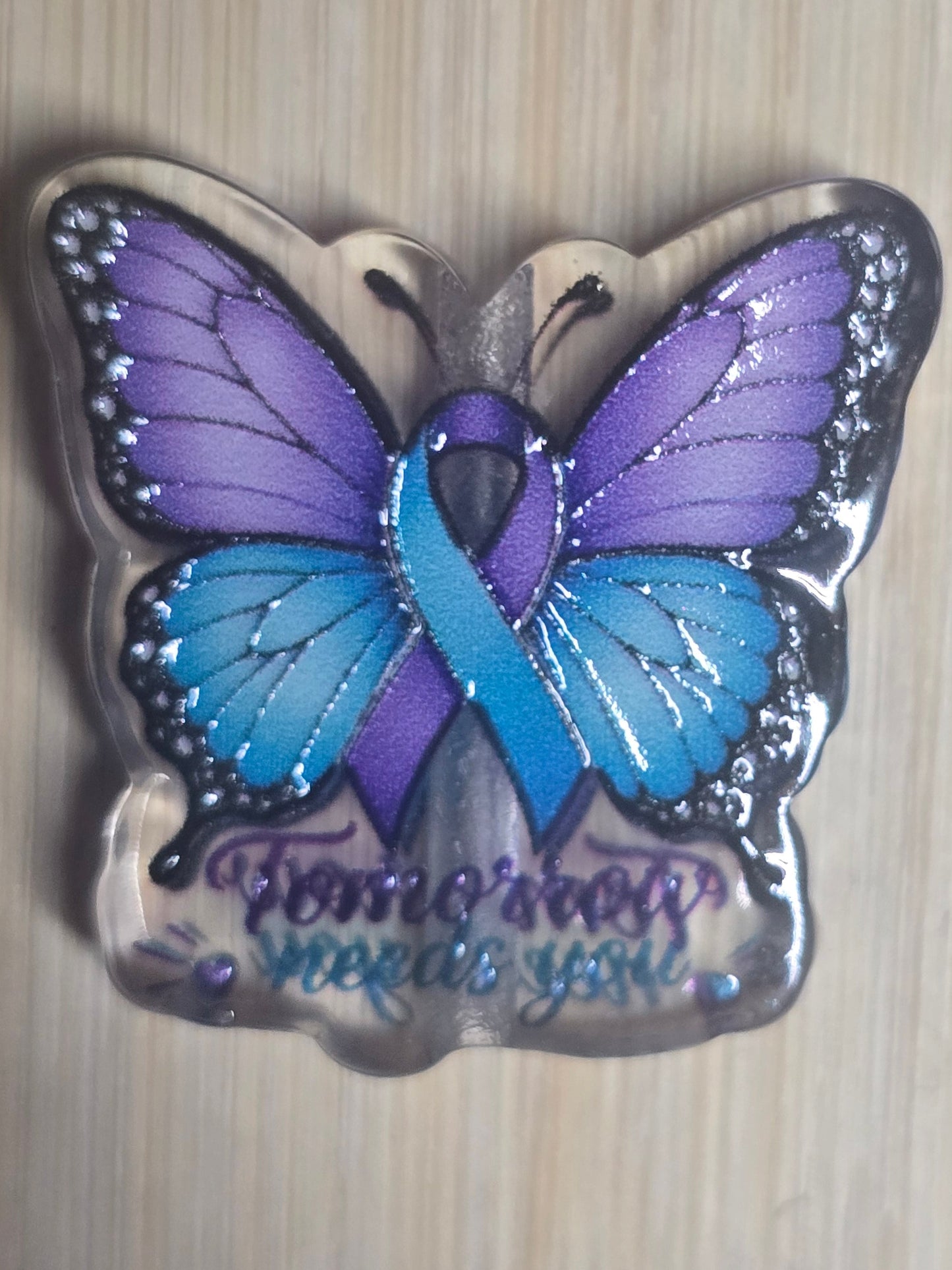Acrylic focal beads Su*#$e prevention butterfly wlith ribbon
