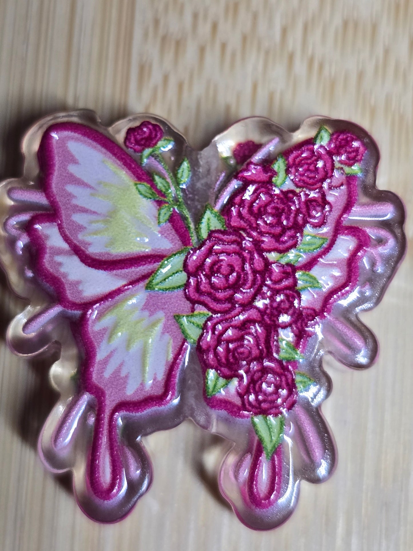 Acrylic focal beads light and dark pink butterfly with dark pink flowers