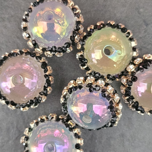 16mm iridescent beads with black rhinestones- 6pcs